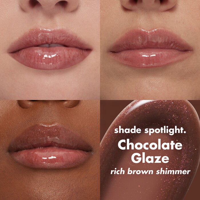 Rich Brown Shimmer Lip Plumping Gloss on Lips