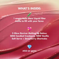 Kit Includes: Empty Halo Glow Liquid Filter Bottle,3 Glow Reviver Lip Balms and Stick on Gems