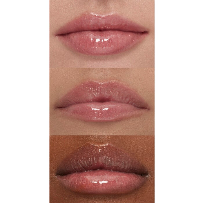 Dusty Pink Shimmer Lip Plumping Gloss on Lips