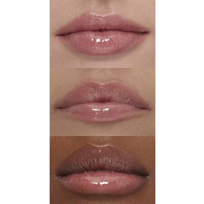 Dusty Pink Shimmer Lip Plumping Gloss on Lips