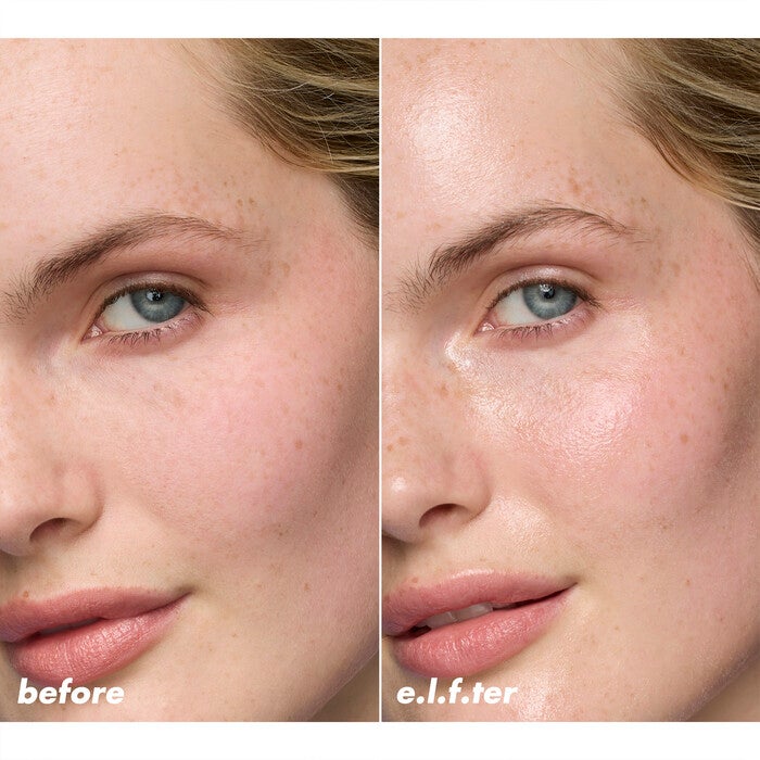 Woman's skin before and after applying Glas Slick Peptide Serum Stick
