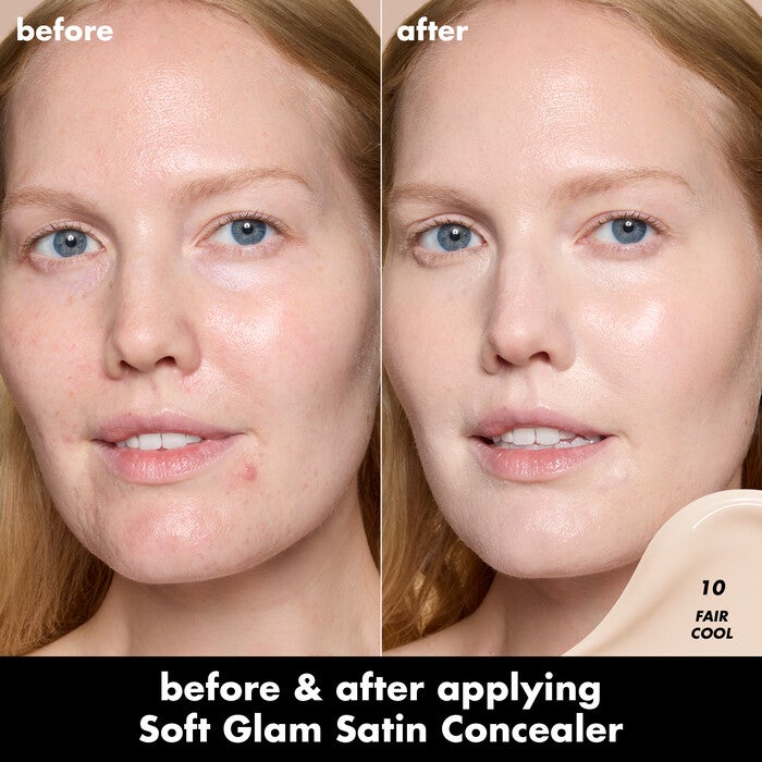 Before and After Applying Soft Glam Satin Foundation in the Shade 10 Fair Cool