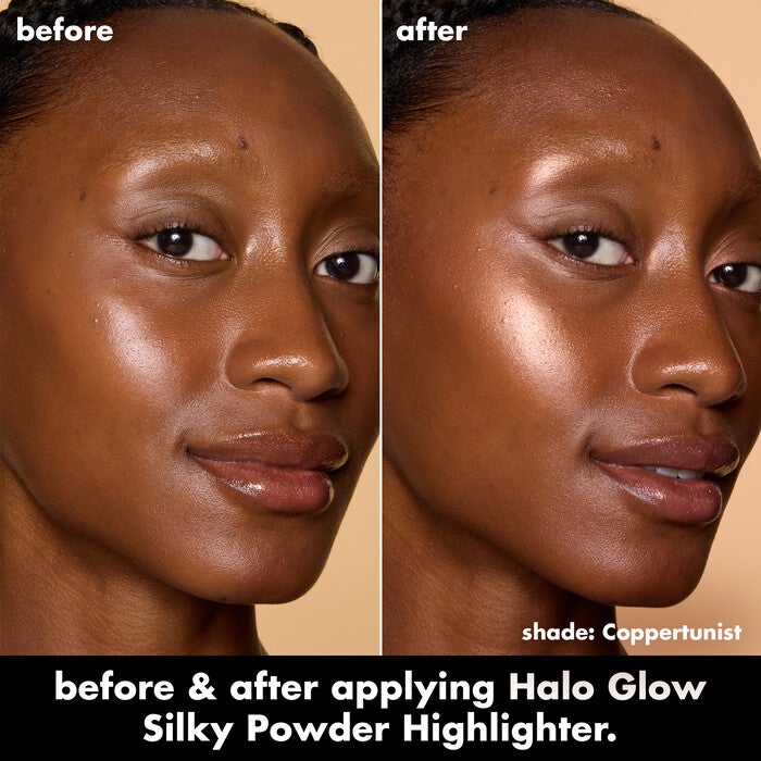 Before and After Applying e.l.f.'s Halo Glow Powder Highlighter in Coppertunist