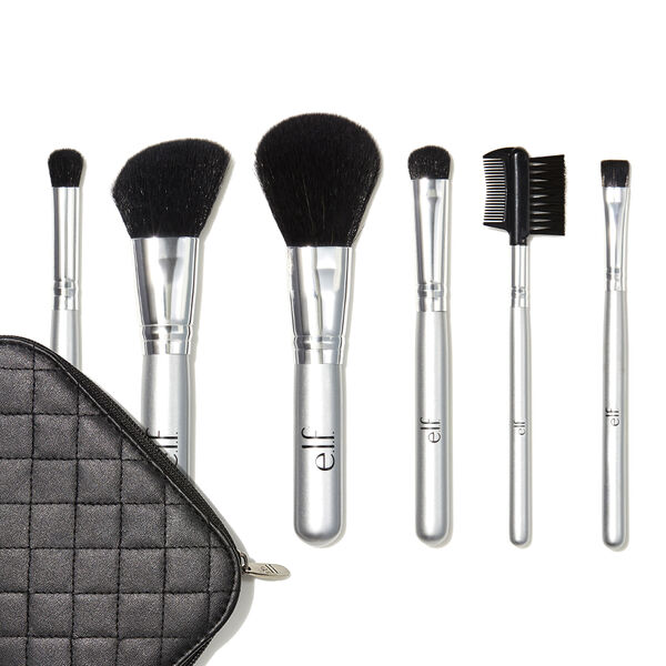 6 of our favorite Studio brushes, conveniently sized for on-the-go beauty, inside a stylish quilted case. The zipper pocket is perfect for storing small makeup essentials. Makes a great gift for any makeup lover (including you!). Set includes: Eyeshadow "C" Brush Complexion Brush Flat Eyeliner Brush Angled Blush Brush Crease Brush Lash & Brow Comb Quilted Case with Zipper Pocket e.l.f. Cosmetics 6 Piece Travel Brush Collection. e.l.f. Cosmetics 6 Piece Travel Brush Collection. All e.l.f. products are Vegan and Cruelty Free
