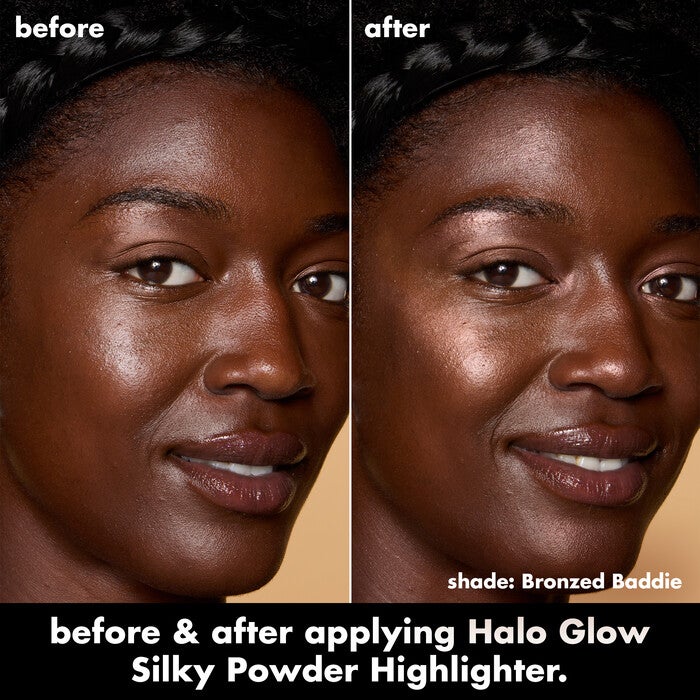 Before and After Applying e.l.f.'s Halo Glow Powder Highlighter inBronzed Baddie