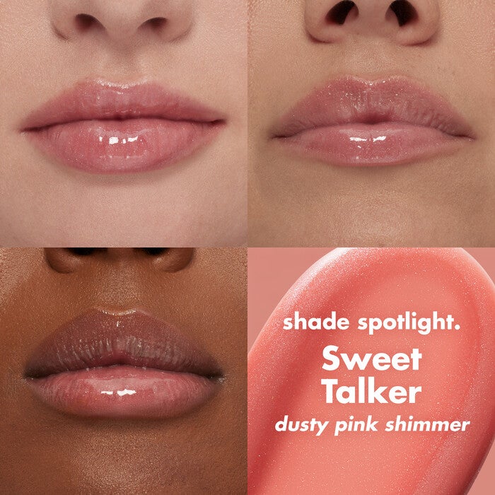 Dusty Pink Shimmer Lip Plumping Gloss on Lips