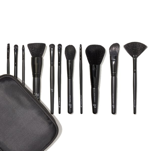 This complete brush set includes 11 professionally designed makeup brushes for all your makeup needs. Use them at home or on the go! Brush Set includes: Eyeshadow "C" Brush Small Angled Brush Small Precision Brush Small Smudge Brush Complexion Brush Fan Brush Powder Brush Angled Foundation Brush Concealer Brush Blush Brush Eye Contour Brush e.l.f. Cosmetics 11 Piece Brush Collection. e.l.f. Cosmetics 11 Piece Brush Collection. All e.l.f. products are Vegan and Cruelty Free